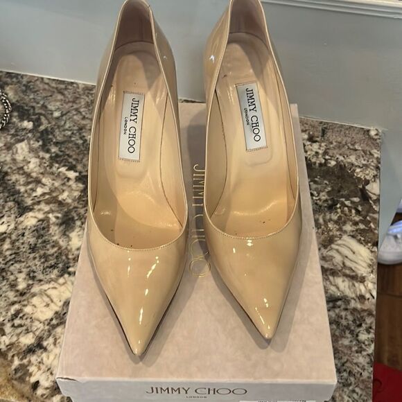 Jimmy Choo Nude Patent Leather Agnes Pointed Toe Pumps